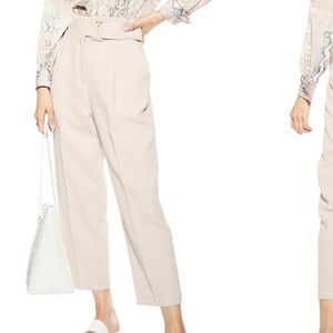Topshop Wilma Belted Peg Tapered Trousers, Beige, Size 4